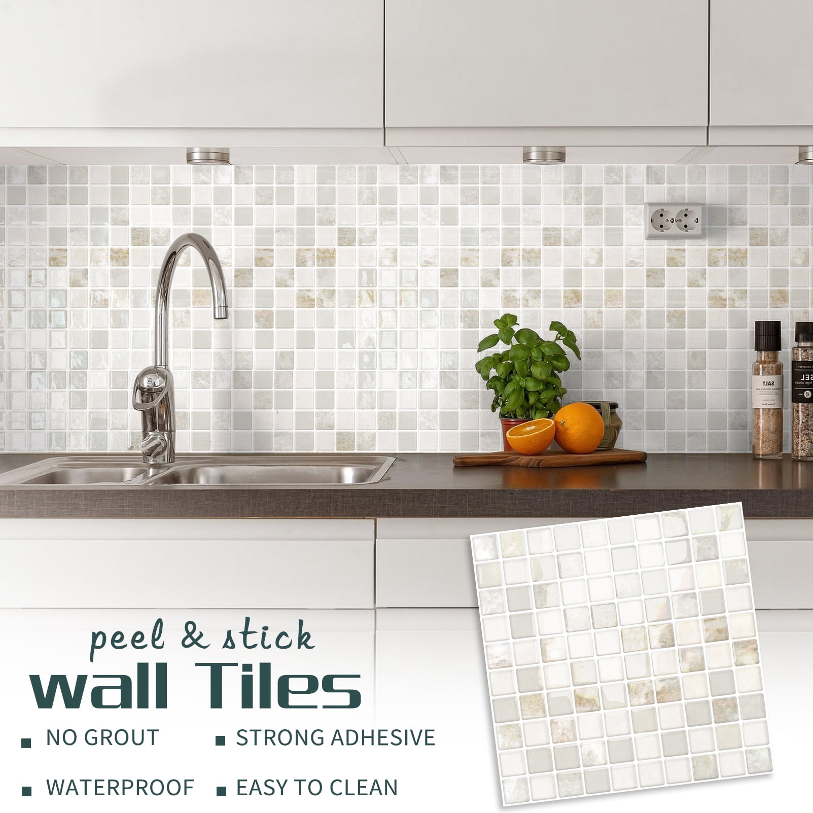 DEWOO 10 Sheet Thicker Mosaic Peel and Stick Backsplash Tile Removable Self Adhesive Wall Tiles for Bathroom Kitchen Counter (12"×12",Beige)