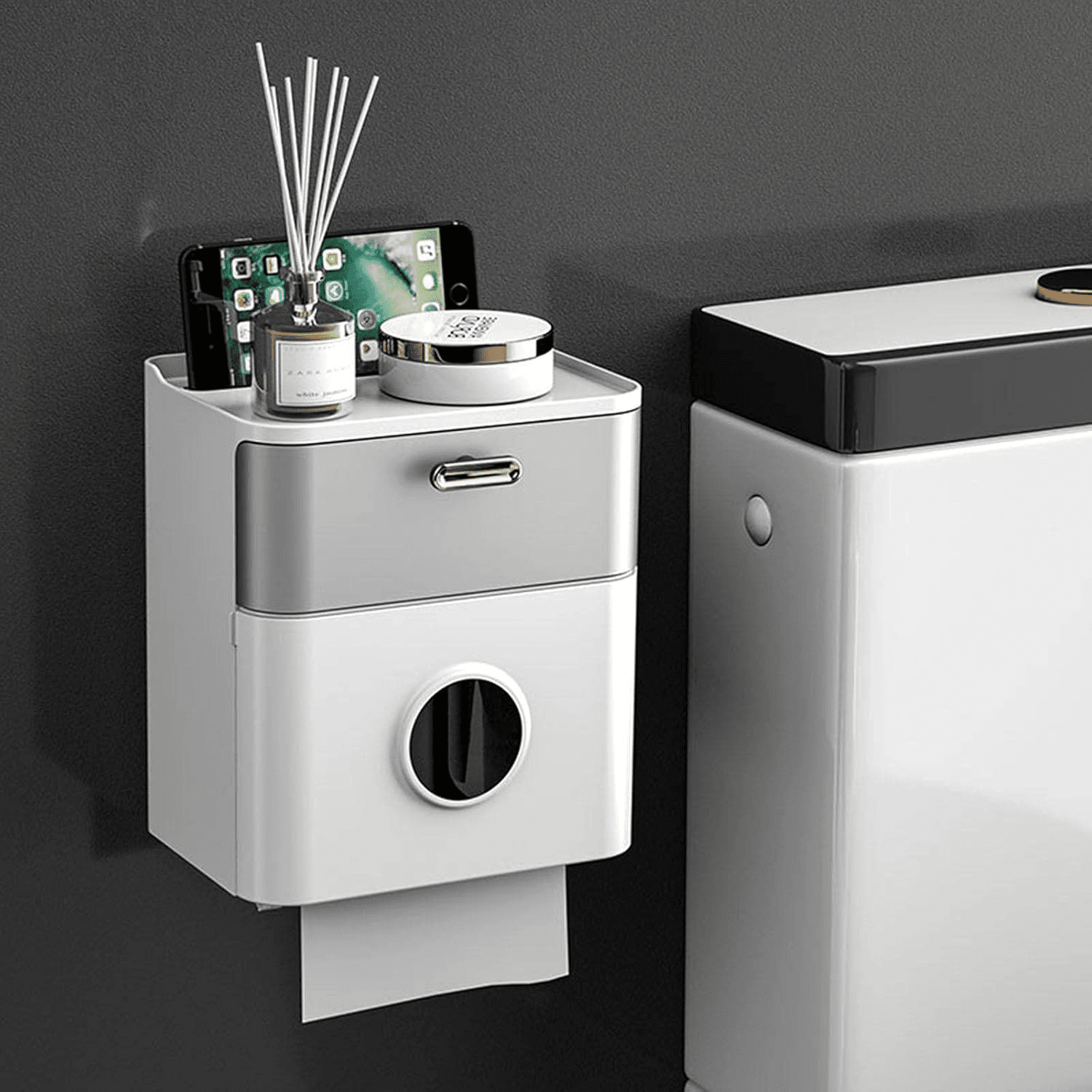 Wall Mounted Toilet Paper Holder with Drawer & Shelf, No-Drill Bathroom Tissue Box Organizer