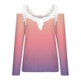 thumbnail image 4 of BLVB Womens Fall V Neck Cold Shoulder Tops T Shirts Lace Crochet Long Sleeve Floral Blouses Tuncis Trendy Womens Clothes Pink, 4 of 5