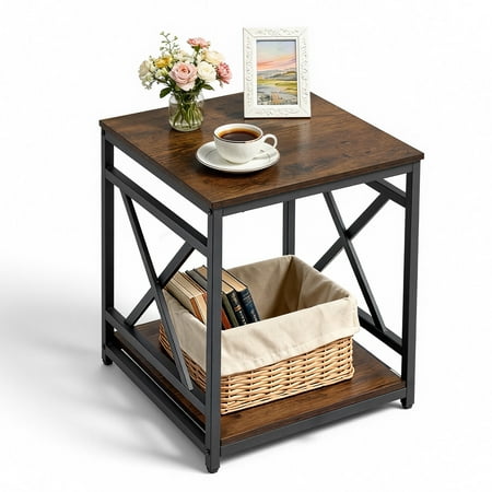 VEVOR End Table 2-Tier Square Side Table with Open Storage Shelves Modern Nightstand Bedside Desk with X-Design Metal Frame Wood Sofa Coffee Desk for Living Room Bedroom Office Dorm Brown