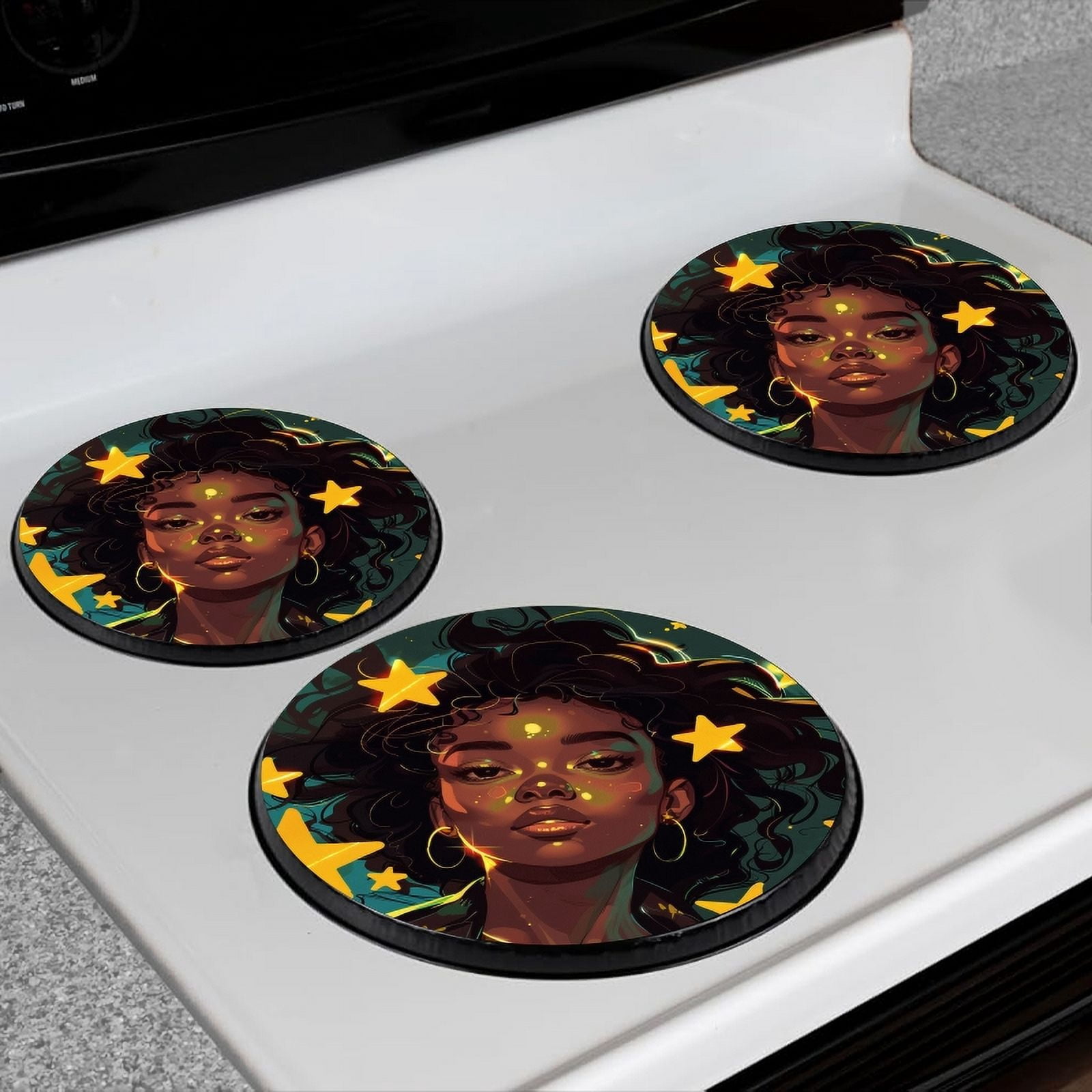 BaHomeck Electric Stove Burner Covers Set of 4,Round Metal Gas Stove Burner Covers 8 Inch and 10 Inch,Kitchen Decor,Beautiful African American Woman With Black Hair