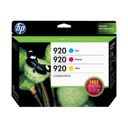 HP 920 Cyan/Magenta/Yellow Original Ink Cartridges w/Photo Paper, 3 pack (B3B30FN)