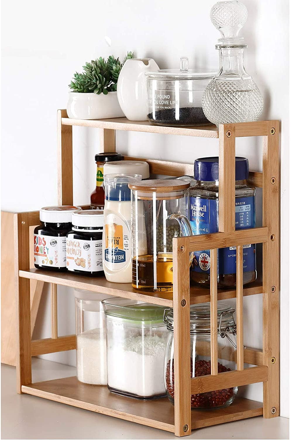 Bamboo Spice Rack Storage Shelves 3 Tier Standing Pantry Shelf For Kitchen Counter Storage Bathroom Countertop Storage Organizer Desk Bookshelf With Adjustable Shelf Cabinet Walmart Com Walmart Com