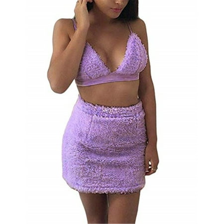 

Kiapeise Women Sexy Set Solid Color Plush Bra Tops + Fluffy Mini Skirts