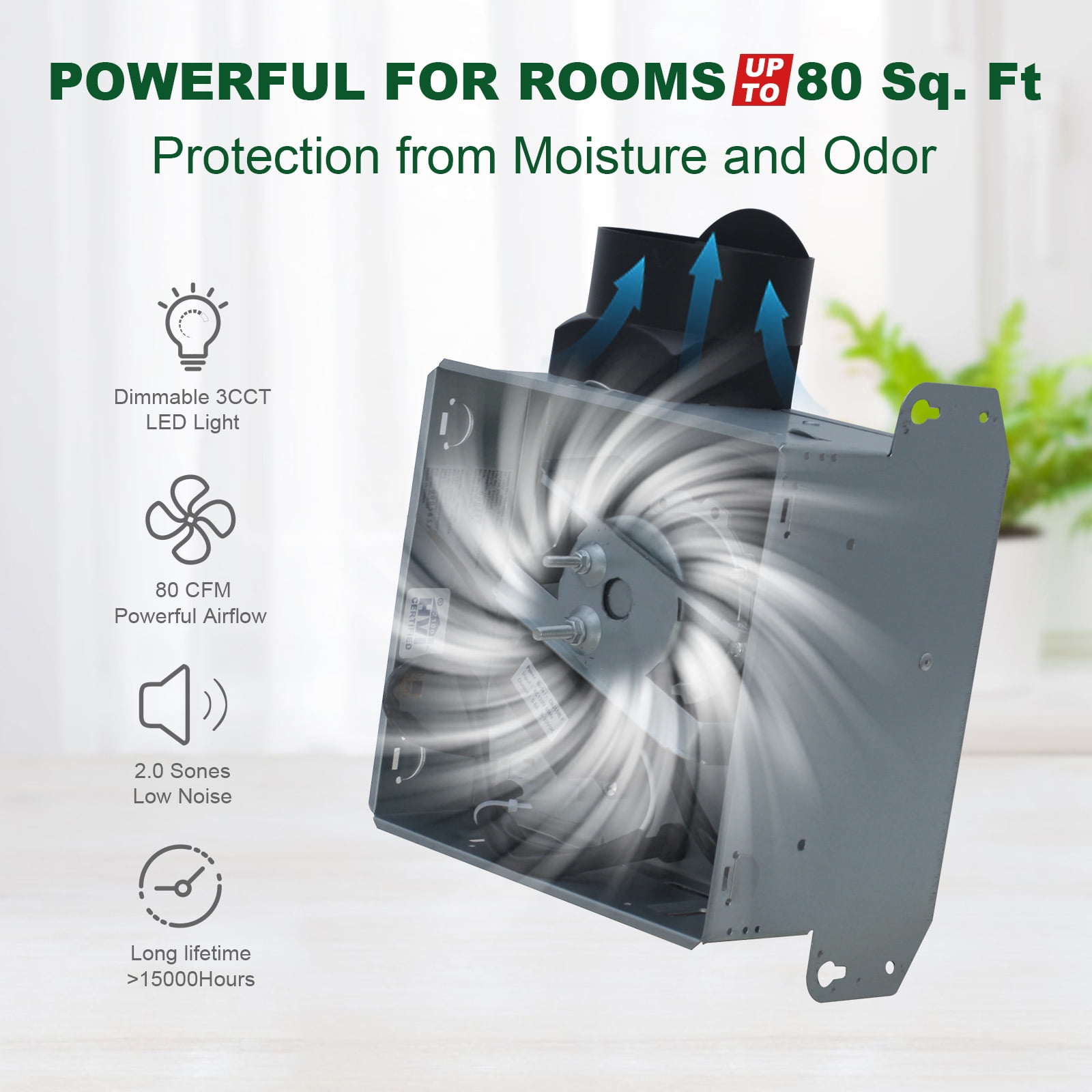 Akicon Exhaust Fan, 80CFM 2.0 Sones Bathroom Exhaust Fan with Light, Upgrated Bthroom Fan with Dimmable 3CCT LED and Acrylic Light Cover, Bath Ventilation Fan for Home, Round, Stain White