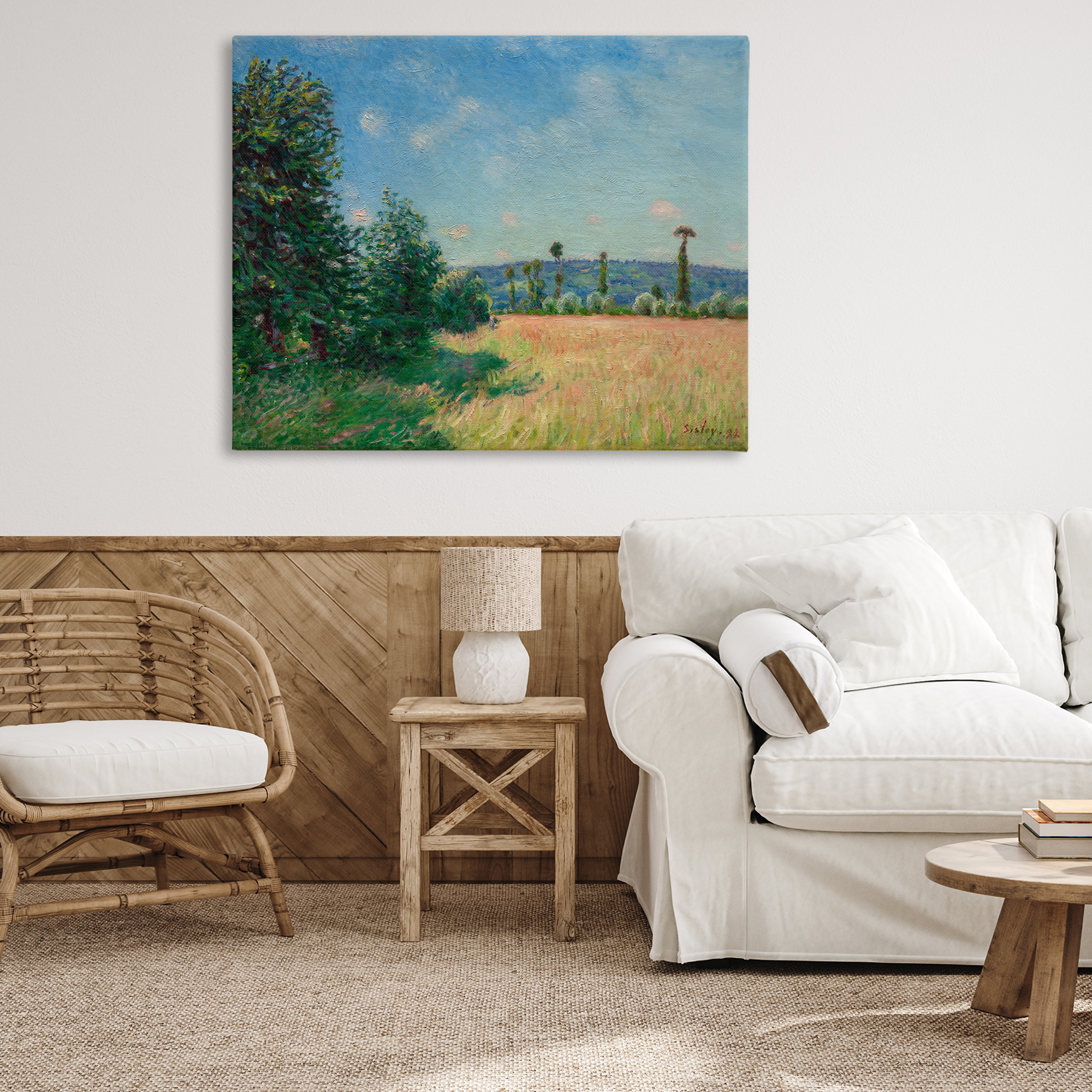 Sahurs Meadows in Morning Sun Canvas Wall Art, design by Alfred Sisley
