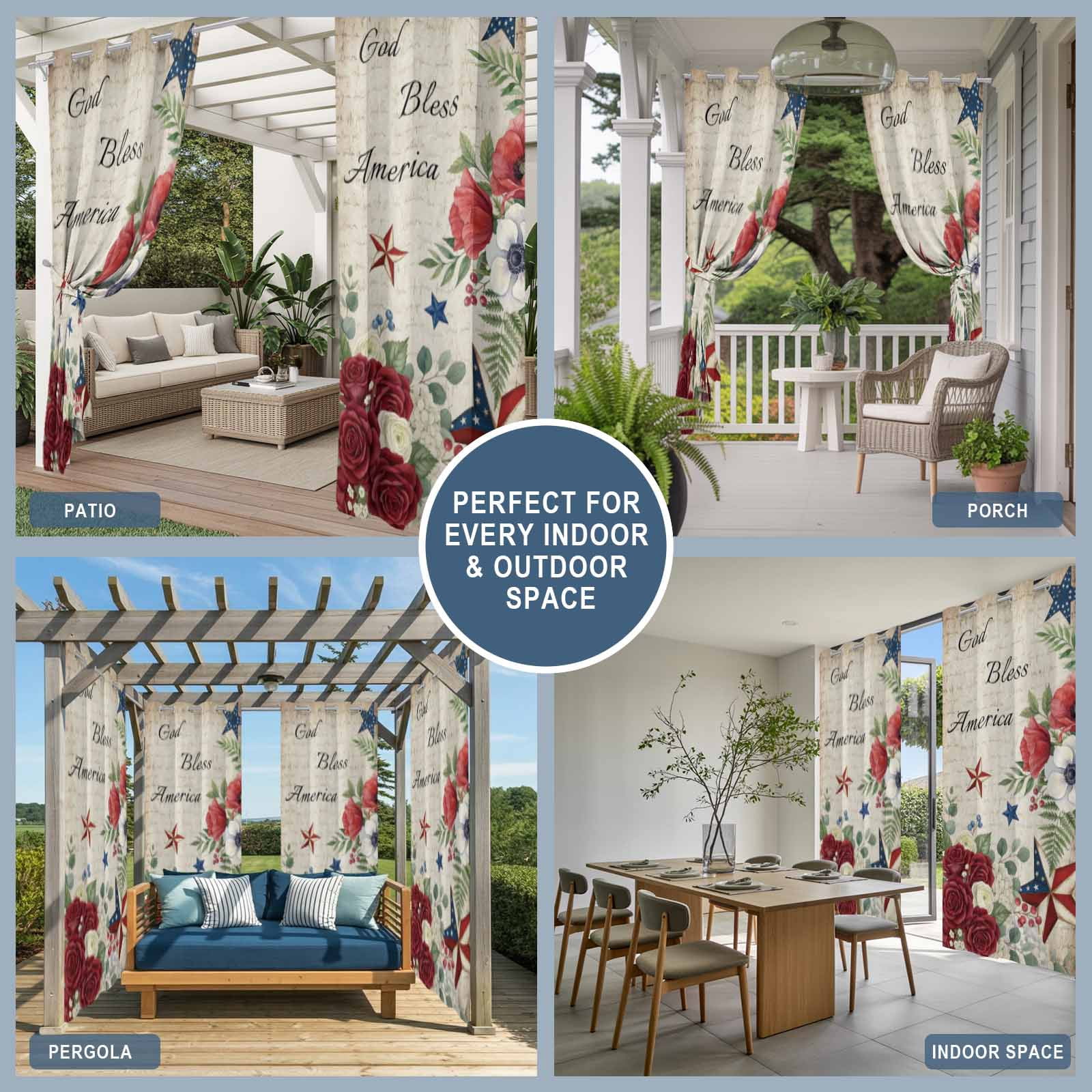 4th of July Outdoor Curtains for Patio, God Bless America Stars Red Flowers Leaf Vintage Sunshade Privacy Drapes Grommet Waterproof Outside Curtains for Porch/Cabana/Balcony 54"x 108", 1 Panel