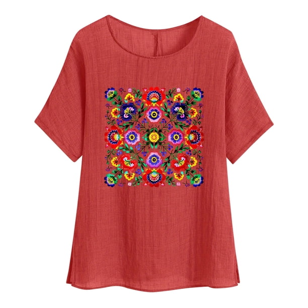 Camiseta de Mujer Camiseta de Manga Corta Impresión Casual Raglan Suelto de Lino Top Blusas, Cuello de la Tripulación