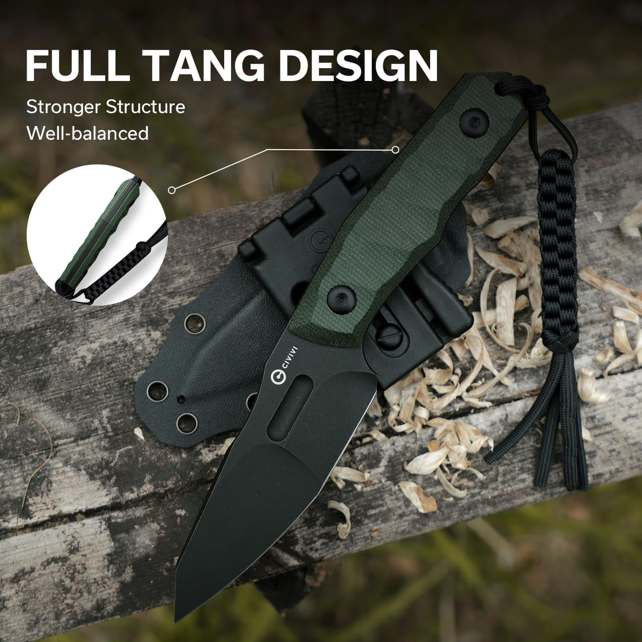 CIVIVI Fixed Blade Knife with Kydex Sheath, T-clip, Lanyard for Outdoor Carry, Propugnator Knife PG KNIVES Designed, 4.15" D2 Blade Micarta Handle C23002-2
