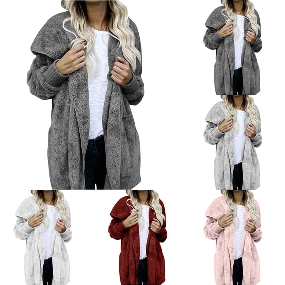 DYTTDG Open Front Hooded Fleece Coat | Long Sleeve Solid Mid-Length Casual Warm Cardigan with Pockets, Oversized Hoodie Jacket for Women