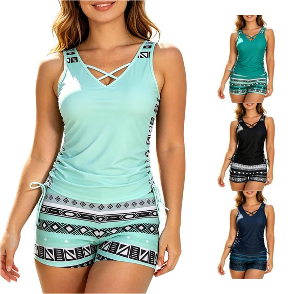 WAYUTE Women's Tankini Swimsuits Tummy Control Two Piece Bathing Suits Boho Style Stretch Swimwear Tank Top and Shorts Sporty Summer Beach Outdoor,Blue,XL