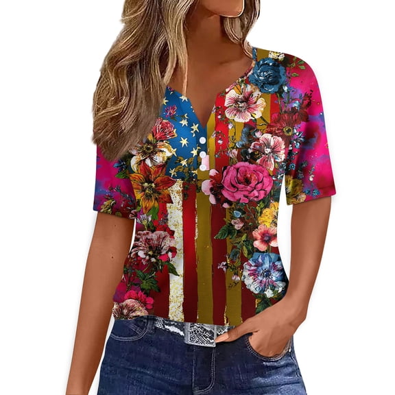 KDDYLITQ 250 Years Birthday Shirt Womens 250th Anniversary Printed Short Sleeve Tees Flag Button V Neck Lightweight T-Shirts Birthday Athletic Clothes Blue XL