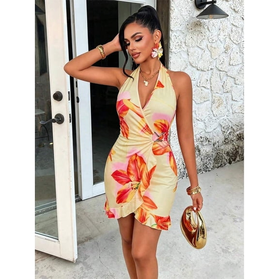 Yellow Base Orange Blossom Floral Halter Neck Mini Dress With Ruched Waist And Ruffle Hem