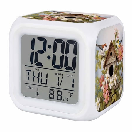 Birdhouse Vintage Digital Alarm Clock for Bedrooms, Smart LED Alarm Clock with 7 Color Changing Night Light, Spring Floral Birds Botanical Silent Wake Up Clocks for Sleep Study Cooking 3.2x3.2