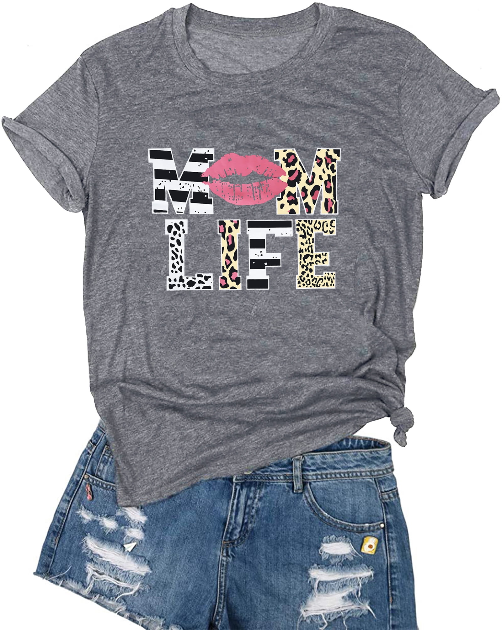 Funny 'Mom Life' Graphic T-Shirt - Leopard Lips Stripe Print Casual Blouse For Women (Pink, Small) - View #8