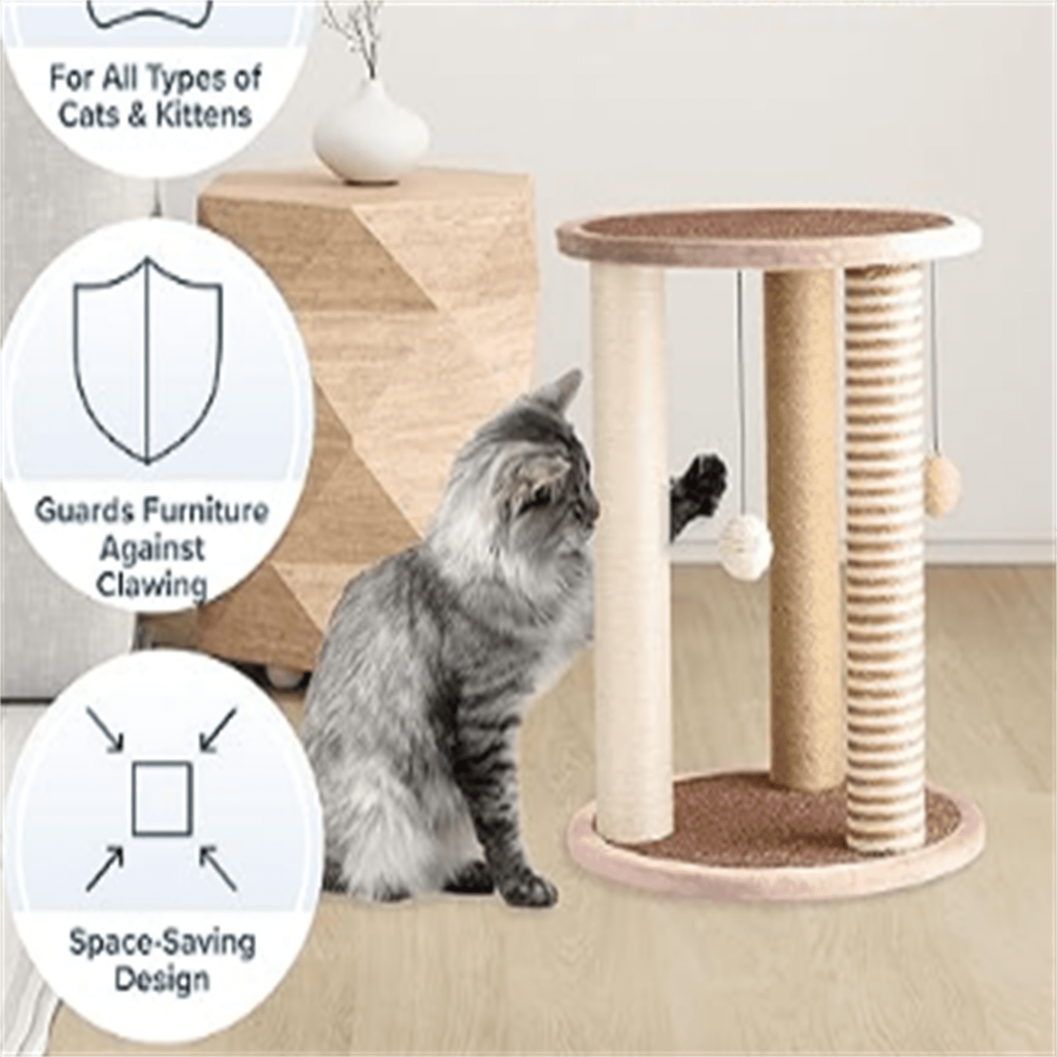 Cat Scratching Post - 3 Scratcher Posts with Carpeted Base Play Area and Perch - Furniture Scratching Deterrent for Indoor Cats by  (Brown), Large