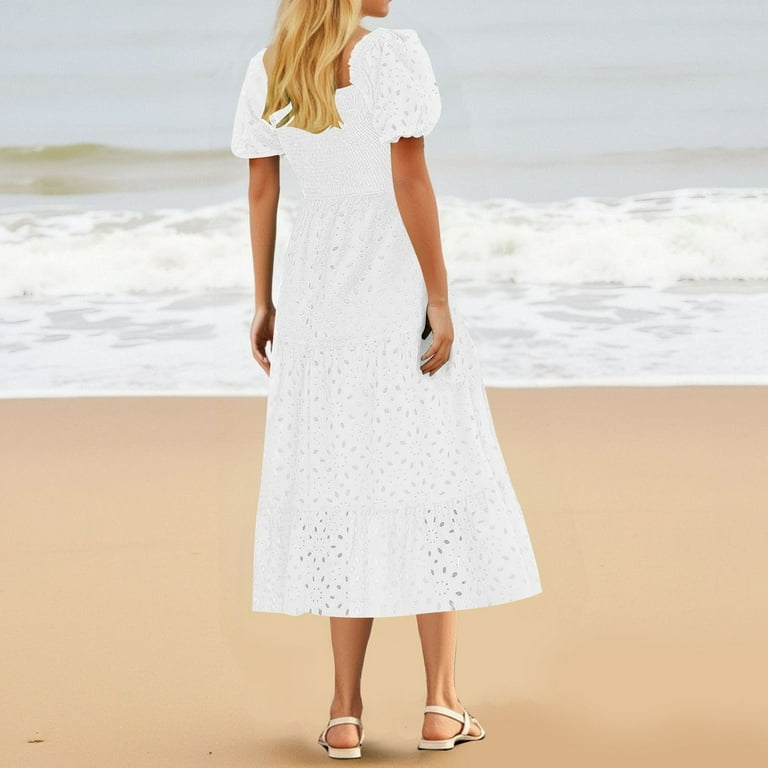 Hvot&aat Womens Summer Puff Sleeve Maxi Dress Hollowed Out Tiered Flowy  Dresses Stretch Ruched Solid Color Dress - Walmart.com