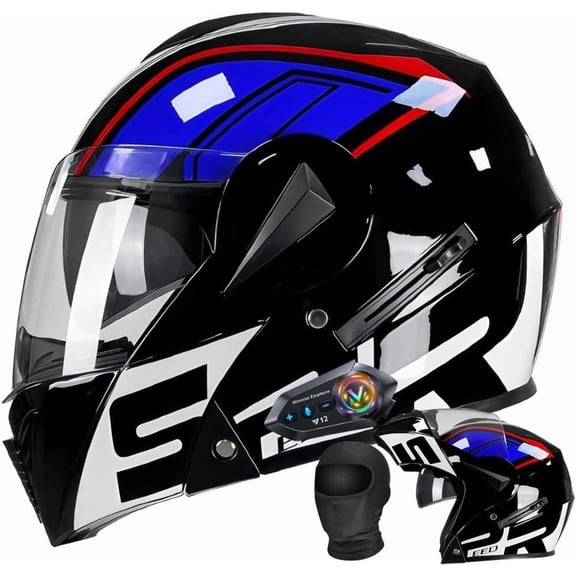 Bluetooth Motorcycle Modular Full Face Helmet DOT Approved - Flip Up Dual Visor, ABS Shell Ventilation, Removable Washable Liner Sun Shield for Adults Men Women