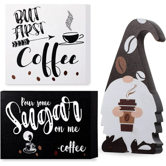 3 Pieces Wooden Coffee Bar Sign Tiered Tray Decors But First Coffee Tiered Tray Decor Pour Some Sugar on Me Wooden Art Decor Gnome Coffee Mini Table Decor for Rustic Coffee Bar Coffee Shop