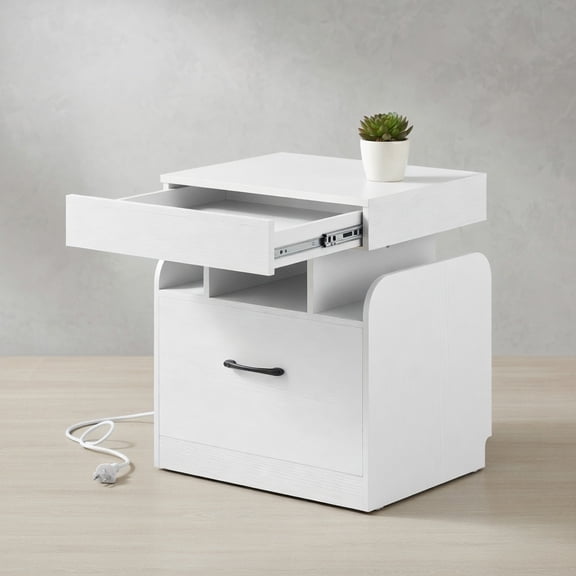 Resenkos Nightstand with Charging Station, Modern Bedside Table with Storage for Bedroom, Living Room, Office, White