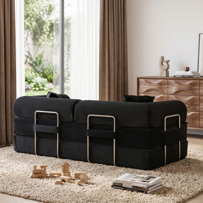 Anpport 78.8" Compression Boneless Sectional Sofa, Convertible Floor Sleeper Bed with Pillow Back Armrest, Corduroy Fabric, Black, for Living Room Bedroom