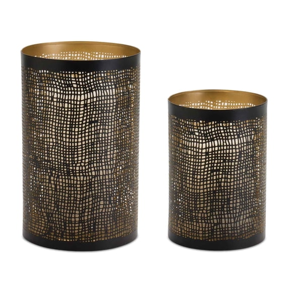 Melrose Set of 2 Black and Gold Abstract Punched Candle Holders 8"