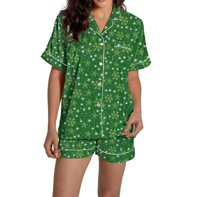 Pyjama pour Femmes en Satin de Soie à Imprimé Graphique, Mignon, Tenue de Nuit, Boutons, Hauts à Manches Courtes, Ensembles de Shorts