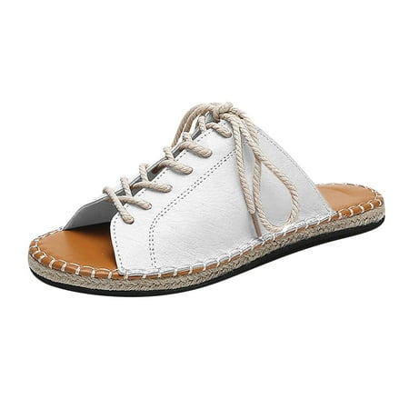 CHOII 50% off Clearance Women s Roman Leisure Large Size Peep Toe Hemp Lace-Up Slipper Sandals Shoes Thong Sandals Slide Sandals for Ladies Cushionaire Sandals Summer Sandals for Women 2024 White/6.5