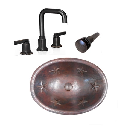SimplyCopper 19" Oval Copper Drop In Bath Sink TEXAS Star Design with Matching Faucet & Drain