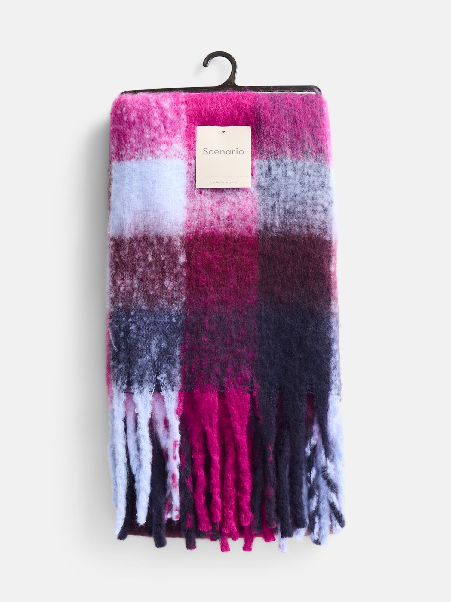 Scenario Women's Square Plaid Scarf with Fringe Trim