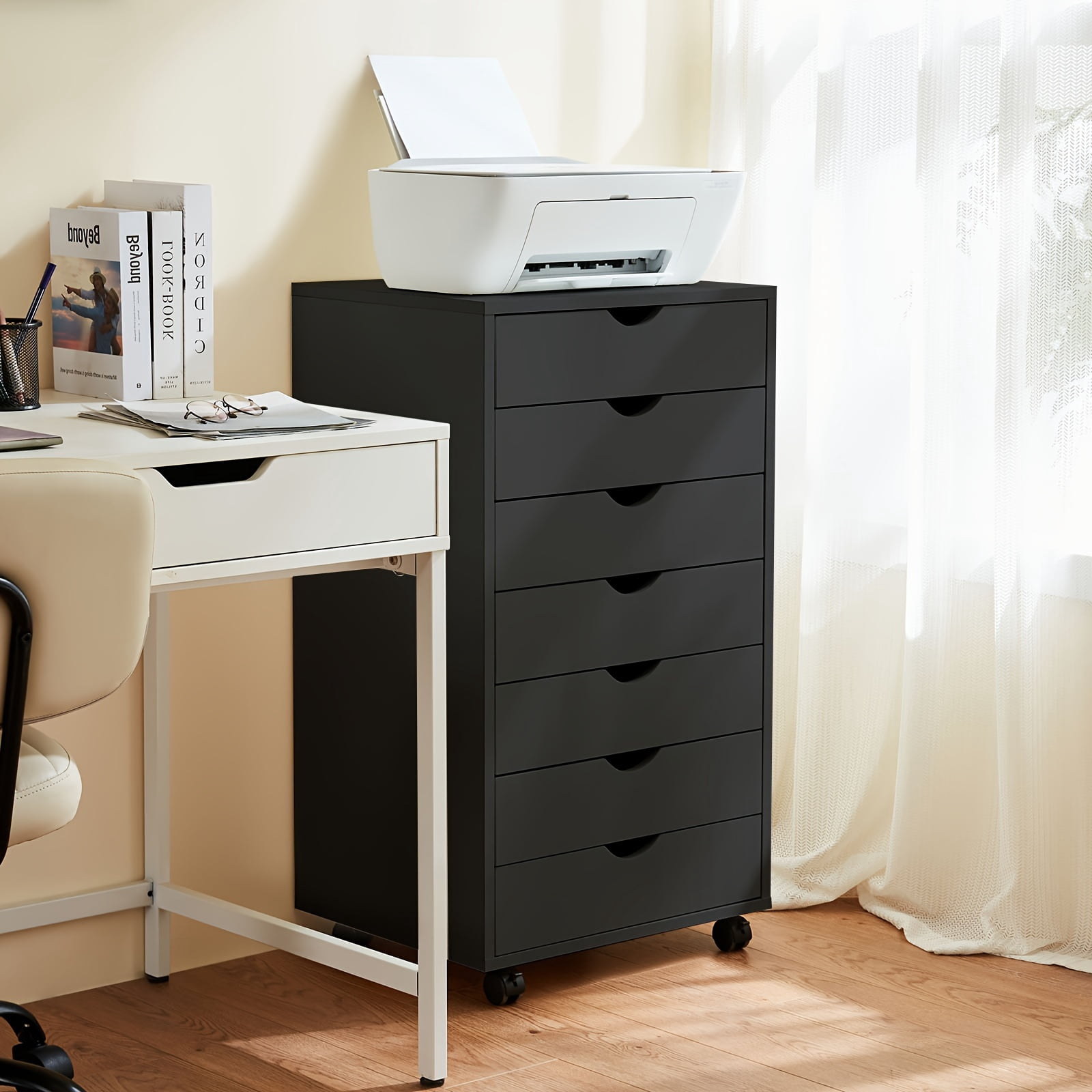 EDX 7 Drawer Storage Cabinet - Solid Wood Mobile Dresser and Filing Cabinet for Bedroom/Office and Home Office Under Desk on Rollers, Black