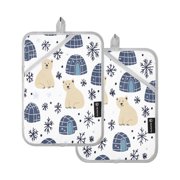 Polar Bears Snowflakes Pattern Set of 2 Heat-Resistant Quilted Pads, Silver Polyester, 7" x 9.8"