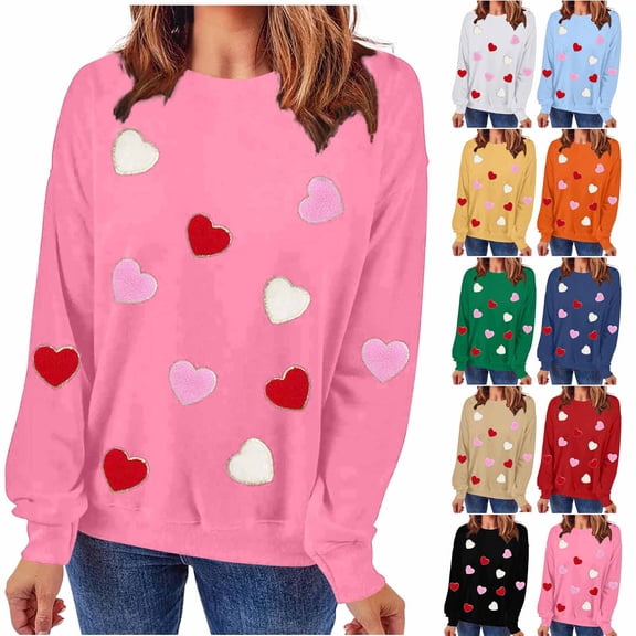 yillto Women Heart Printed Long Sleeve Tops Crewneck Pullover Shirt Cute Trendy Casual Tee Lightweight Sweatshirts