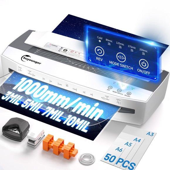 Laminadora Buyounger de 13" con 4 rodillos, 3 a 10 mil y 50 hojas