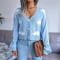 thumbnail image 6 of Women'S Casual Elegant Cloud Print Cropped Button Front Long Sleeve V Neck Knit Cardigan Blue L, 6 of 8
