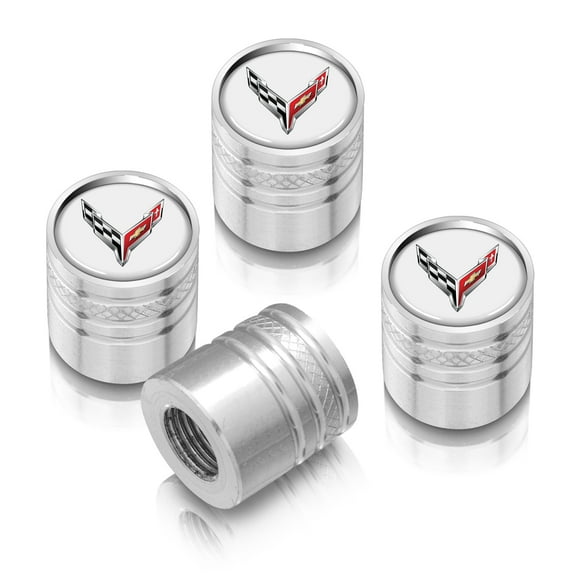 Chevrolet Corvette C8 Logo in White on Shining Silver Aluminum Cylinder-Style Tire Valve Stem Caps
