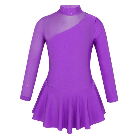 TiaoBug Girls' Sparkly Dance Dress Mock Neck Mesh Figure Ice Skating Dress Spandex Long Sleeves Dance Leotard Purple 12