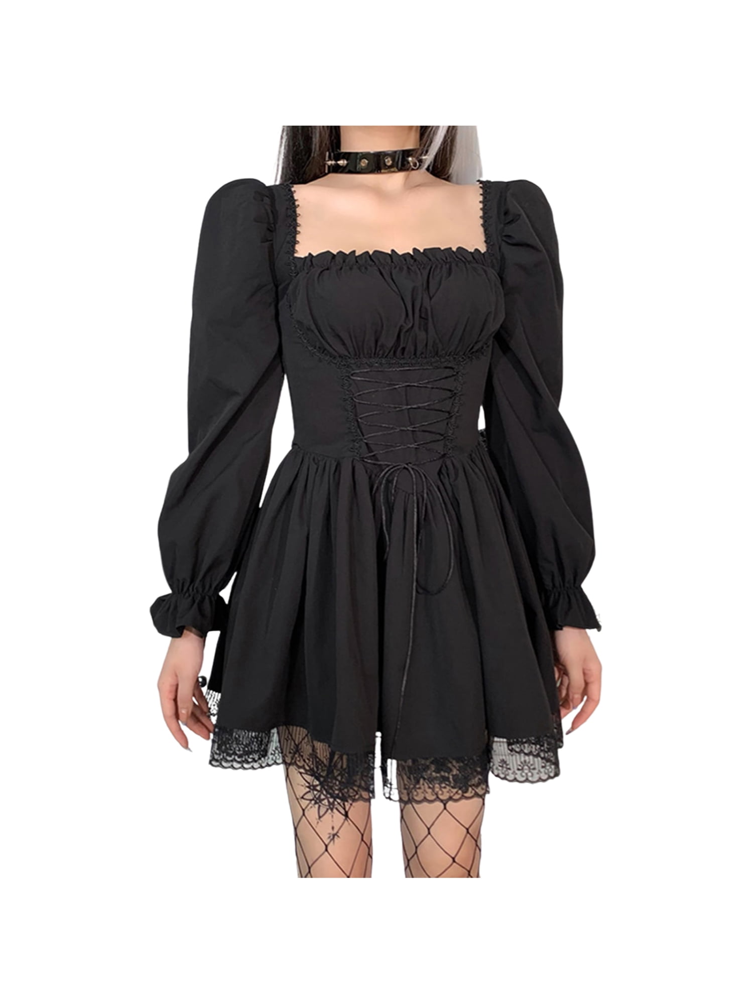 Vintage Black Caged Neck Goth Mini Dress Corset