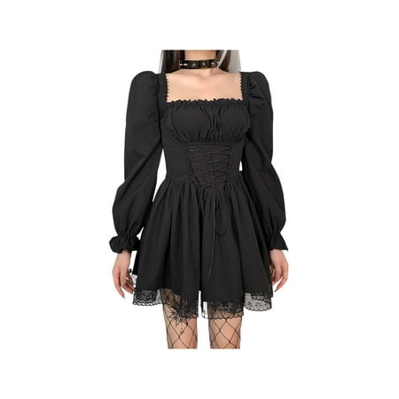 

Women Lolita Corset Dress Tie-up Solid Color Square Collar Puff Sleeve Lace 1PC