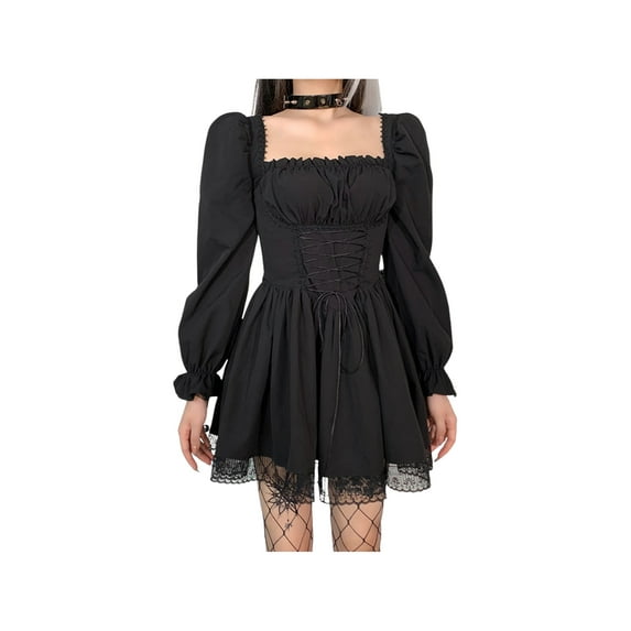 Qiylii Lolita Corset Dress, Tie-up Square Collar Puff Sleeve Lace One-piece