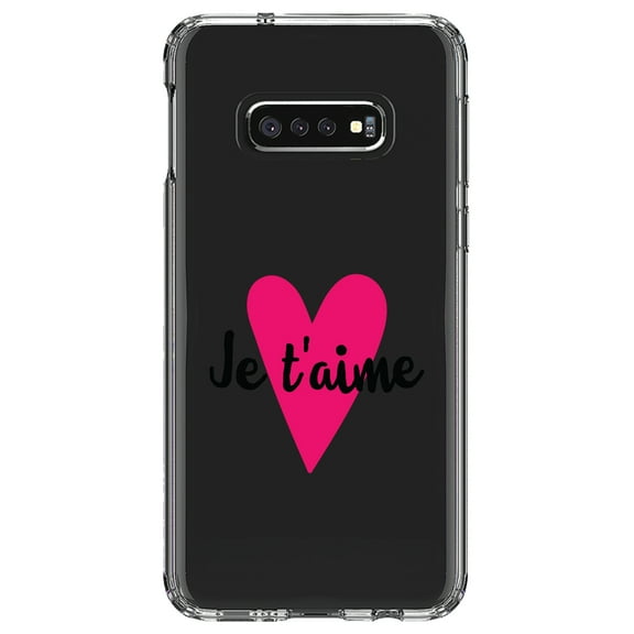 DistinctInk Clear Shockproof Hybrid Case for Samsung Galaxy S10e (5.8" Screen) - TPU Bumper Acrylic Back Tempered Glass Screen Protector - Je T'Aime - Pink Heart