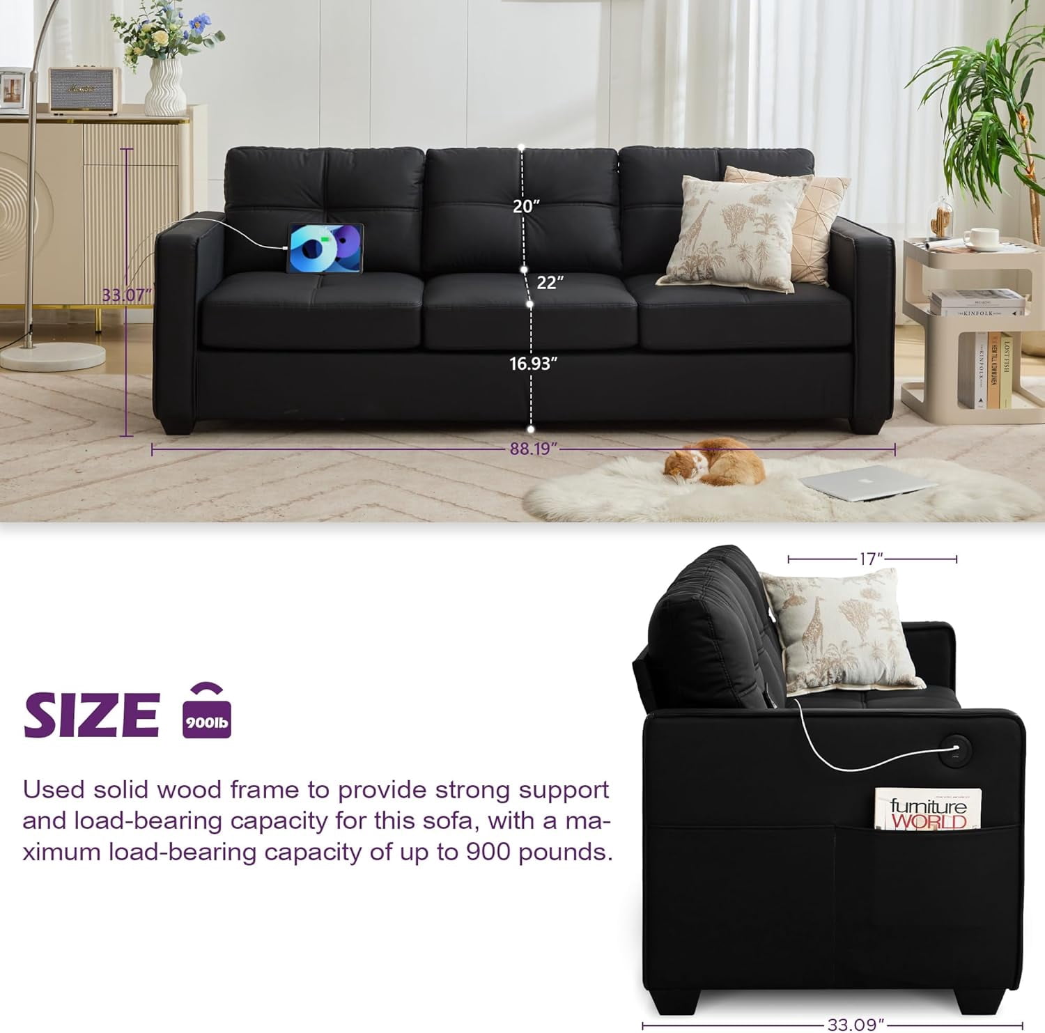 AODAILIHB 88" W Faux Leather 3-Seat Sofa, Modern Tufted Comfy Office Small Couch w/USB Charging Ports and Wide Arms, Black