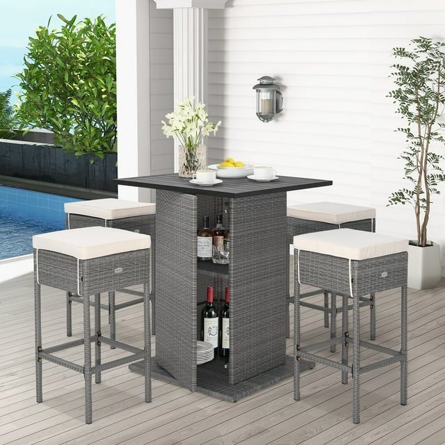 Costway Ensemble de 5 Pcs de Table de Bar en Osier pour l'Extérieur avec Étagères de Rangement Cachées Table de Bar Tabourets