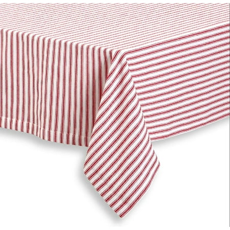 

Red and White Ticking Stripe Woven Cotton Fabric Tablecloth 52 x 70 Rectangular