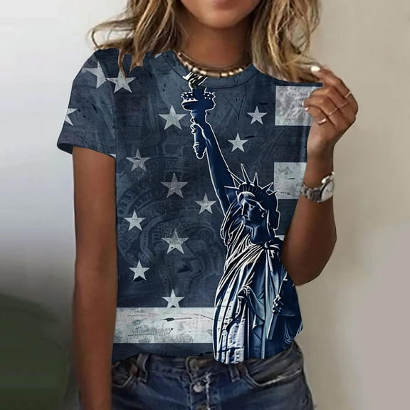 Qetyuw Women's Independence Day Shirts Funny Patriotic USA Flag Pattern Tshirts Tunic Short Sleeve Tees Trendy Round Neck Blouses Tops Work Blouses for Women