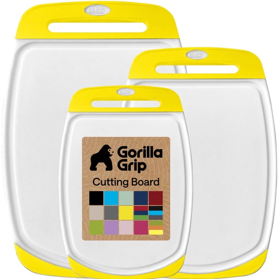GORILLA GRIP Oversized 100% BPA Free Reversible Kitchen Cutting Board Set of 3, Juice Grooves, Dishwasher Safe, Yellow