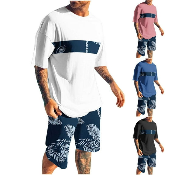 RYDCOT Mens Hawaiian Oversized 2 Piece Summer Outfits Short Sleeve Shirt and Palm Leaf Print Shorts Sets Beach Vacation Clothes for Men White