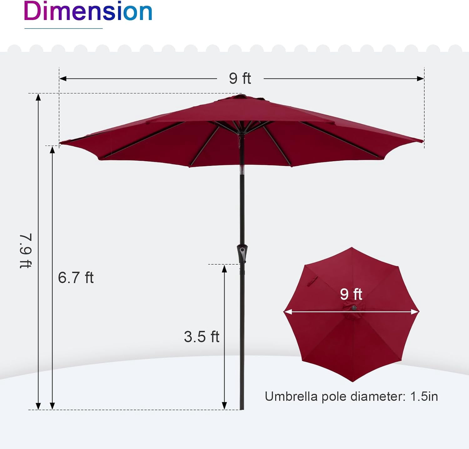 Simenmax 9ft Patio Umbrella, Outdoor Table Umbrella of 9-Feet with 8 Ribs and Push Button Tilt and Crank, Red
