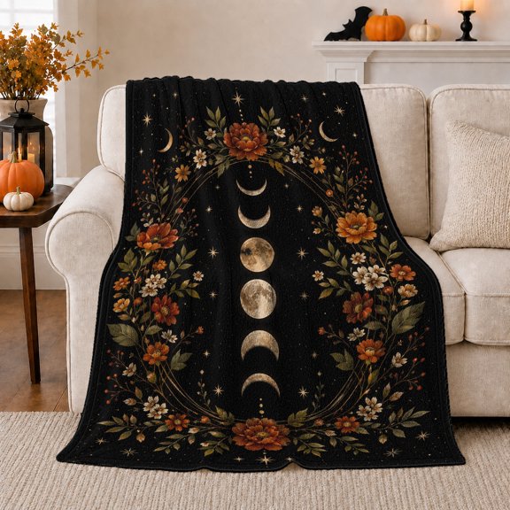 Golden Moon Phases Floral Wreath, Vintage Celestial Botanical Illustration for Celestial Art Enthusiasts, Housewarming Gift, Cozy Flannel Blanket and Home Decor for Living Room and Bedroom