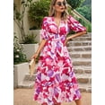 thumbnail image 2 of Womens Summer Dresses 2025 Casual Puff Short Sleeve V Neck Floral Boho Maxi Dress Red M, 2 of 7